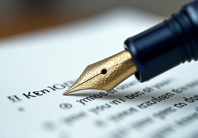 Close up of a fountain pen signing a detailed legal contract