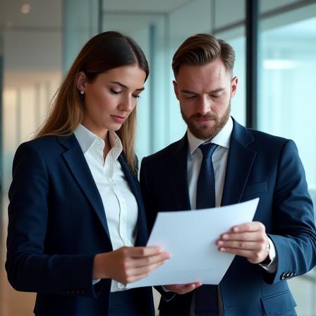Two professionals discussing a complex document in a modern office