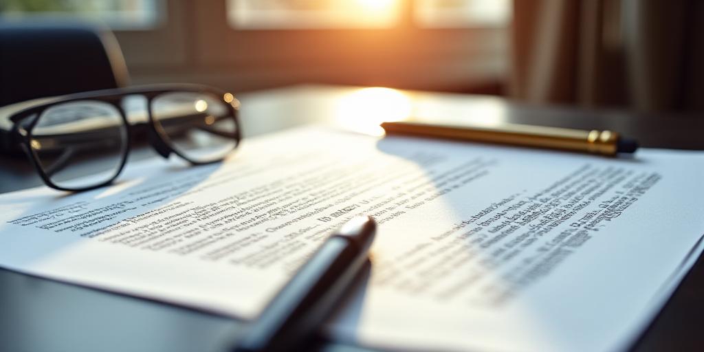 A professional legal workspace with a fountain pen and meticulously drafted documents