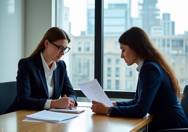 Two professionals in a modern London office discussing a document
